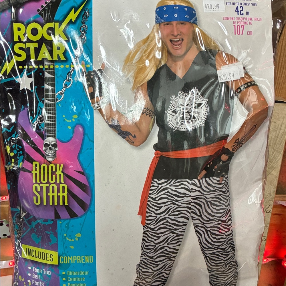 SPOOKY SALE!Rock Star Costume with Zebra Pants and Tank Mens L gloves and guitar